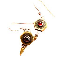 Vintage-Inspired Hexagon Brass Earrings With Red Stones & Engraved PRC Detail
